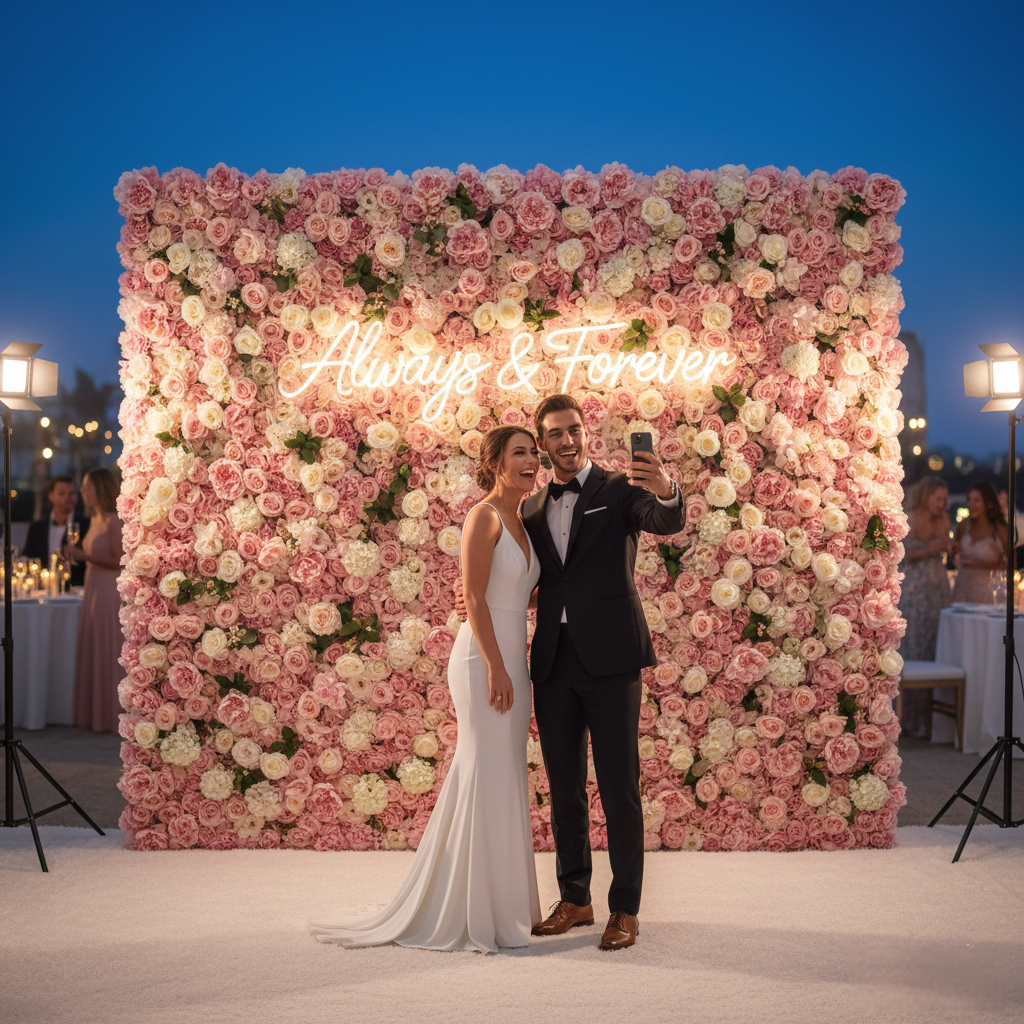 Panou floral premium pentru sedinte foto la nunta, decor photo corner cu trandafiri si bujori albi - PIM MOOD Events